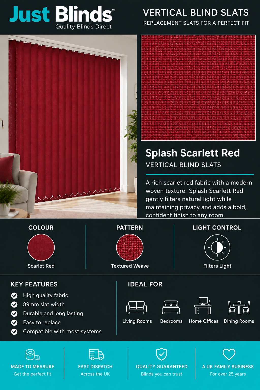 Splash Scarlett Red Vertical Blind Slats 89mm