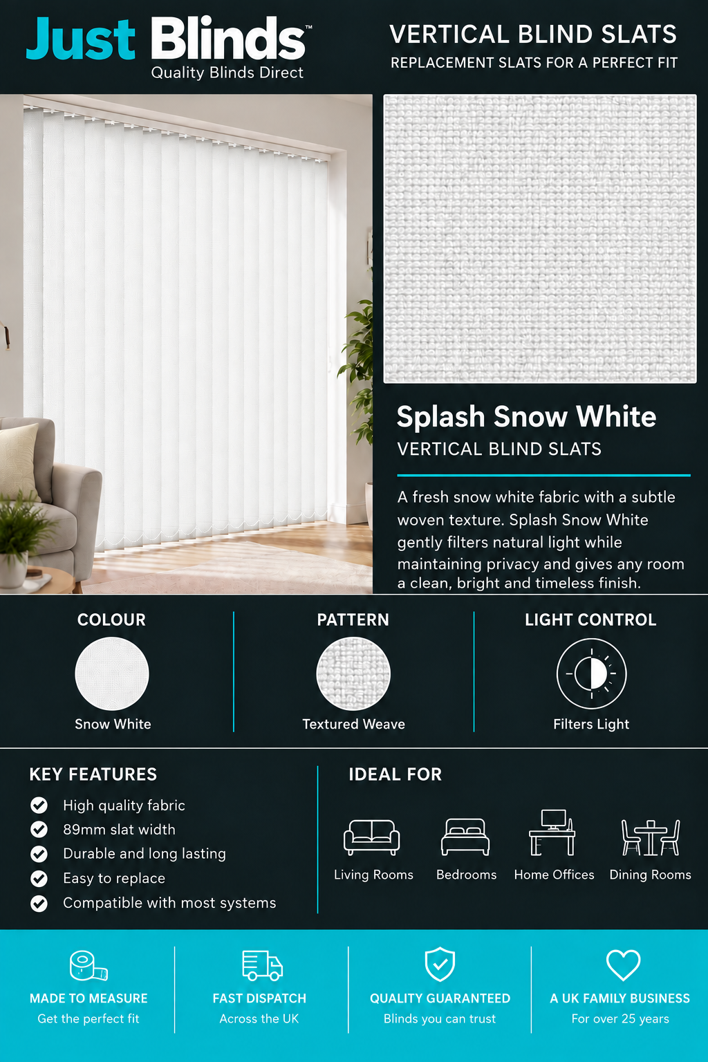 Splash Snow White Vertical Blind Slats 89mm