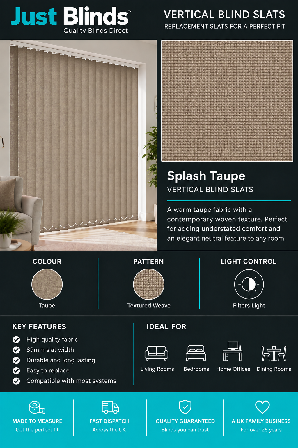 Splash Taupe Vertical Blind Slats 89mm