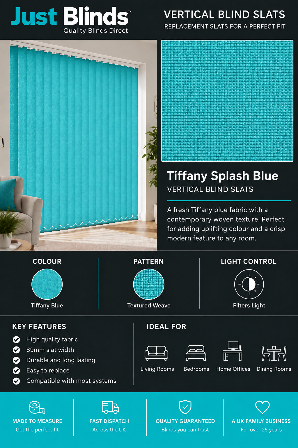 Splash Tiffany Blue Vertical Blind Slats 89mm