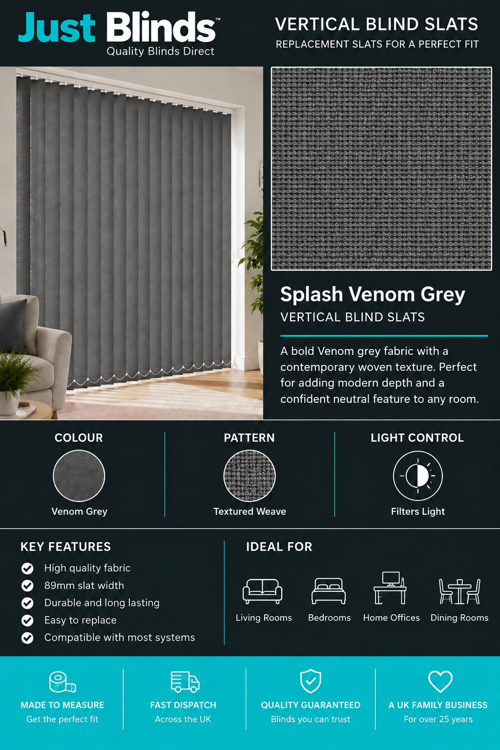 Splash Venom Grey Vertical Blind Slats 89mm