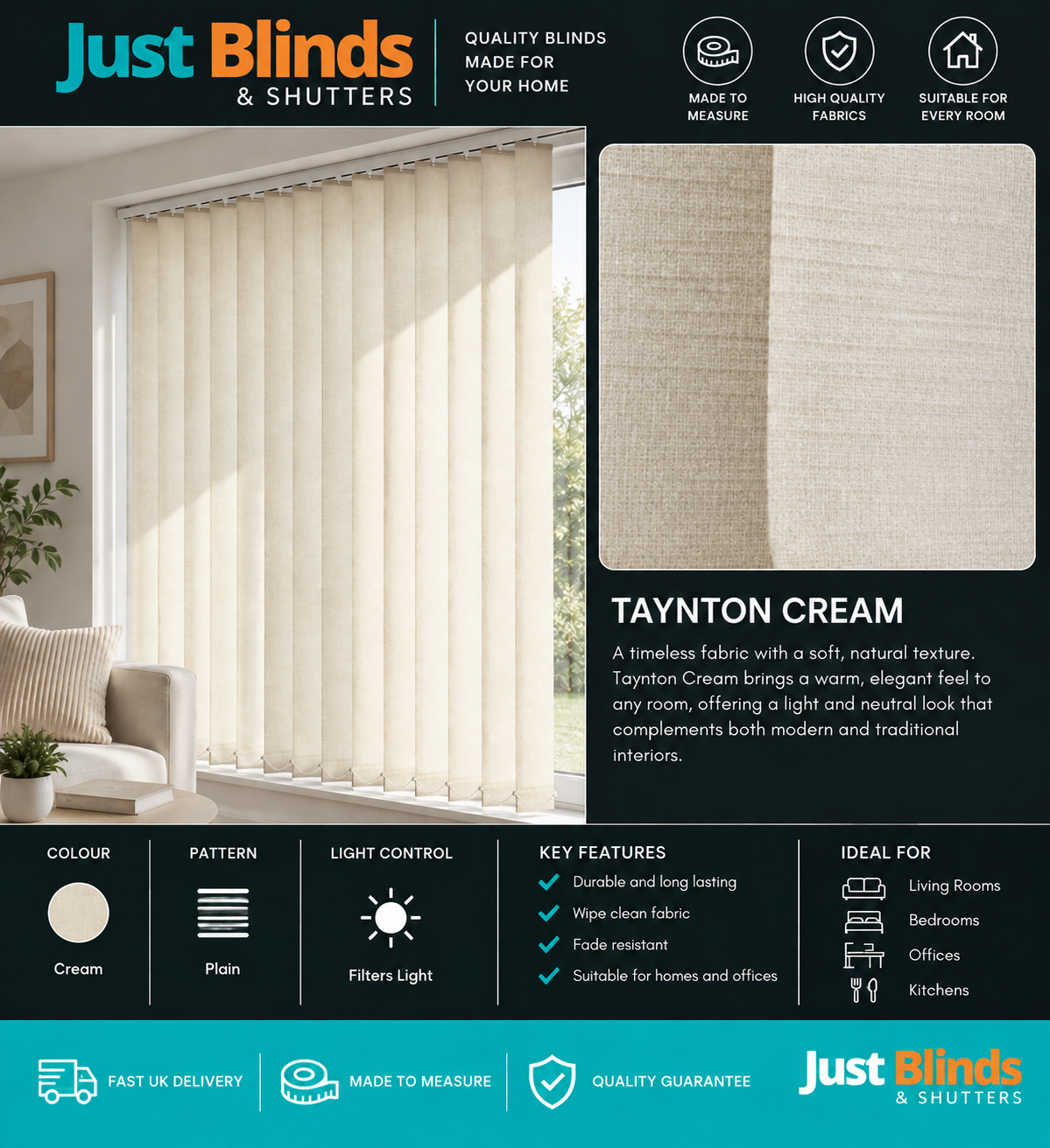 Taynton Cream Vertical Blind Slats 89mm