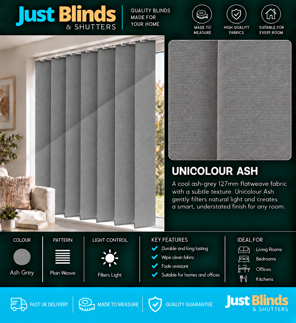 Unicolour Ash Vertical Blind Slats 127mm