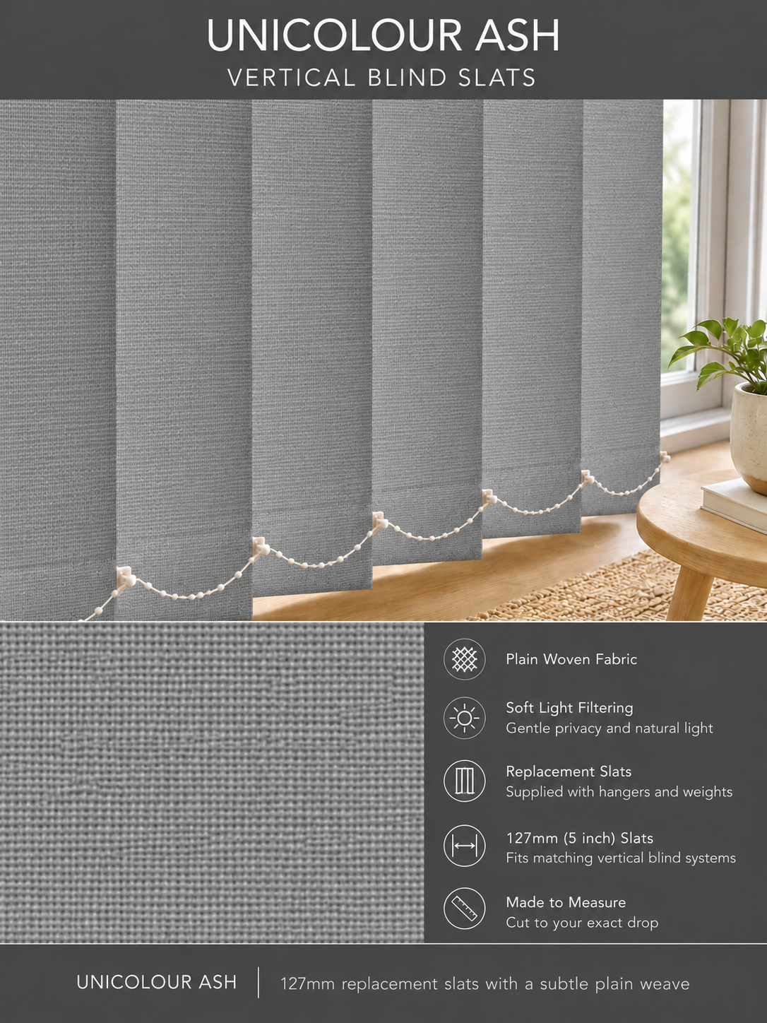 Unicolour Ash vertical blind slats (127mm)