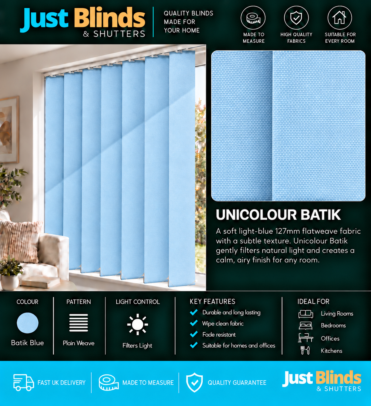Unicolour Batik Vertical Blind Slats 127mm