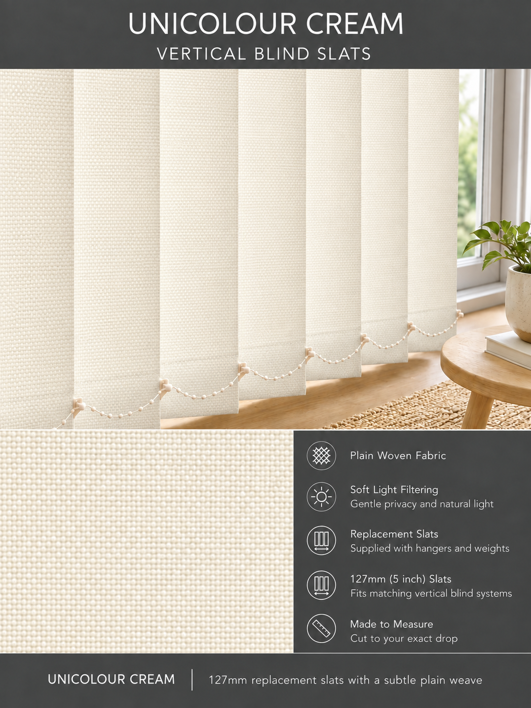 Unicolour Cream vertical blind slats (127mm)