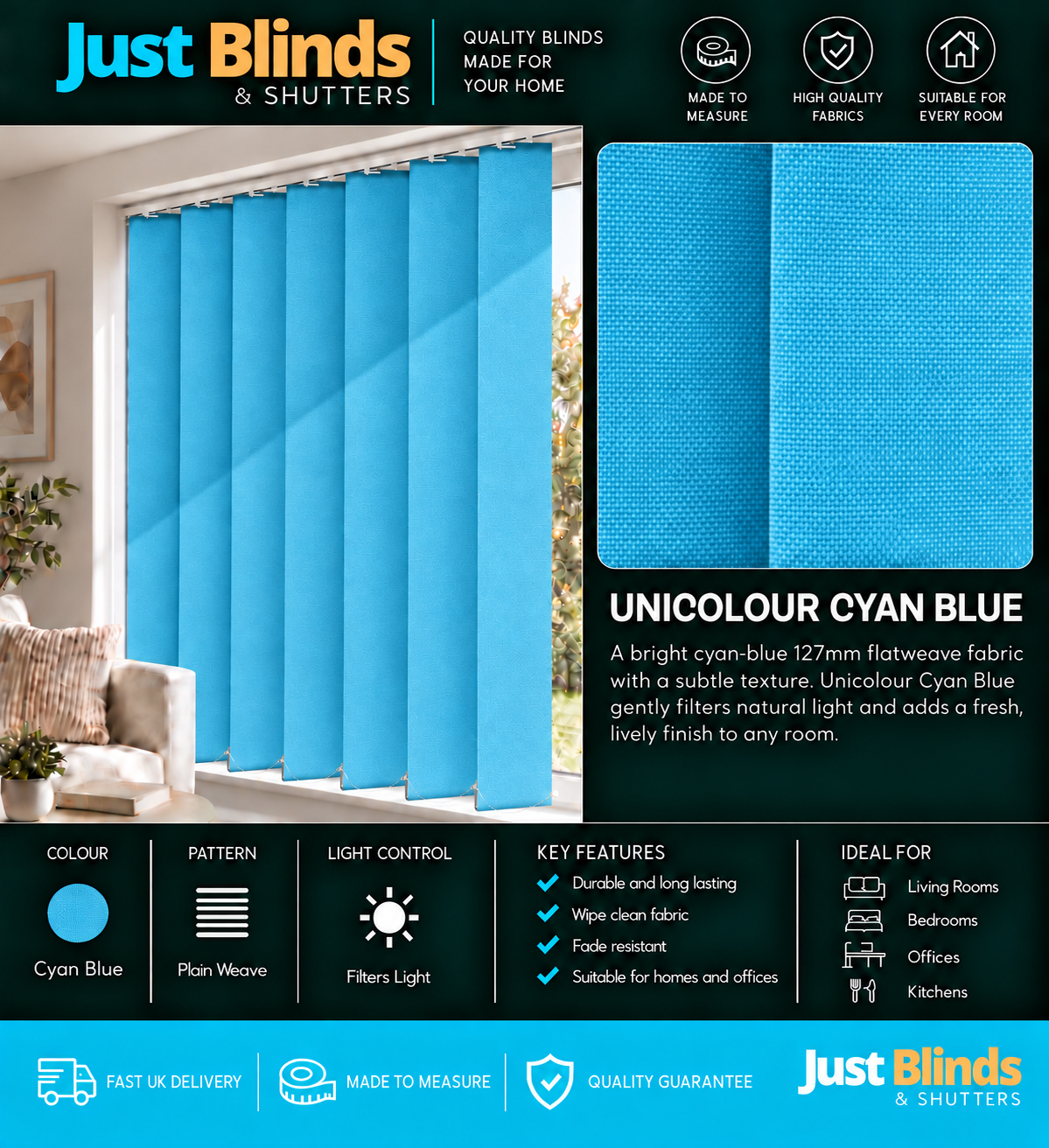 Unicolour Cyan Blue Vertical Blind Slats 127mm