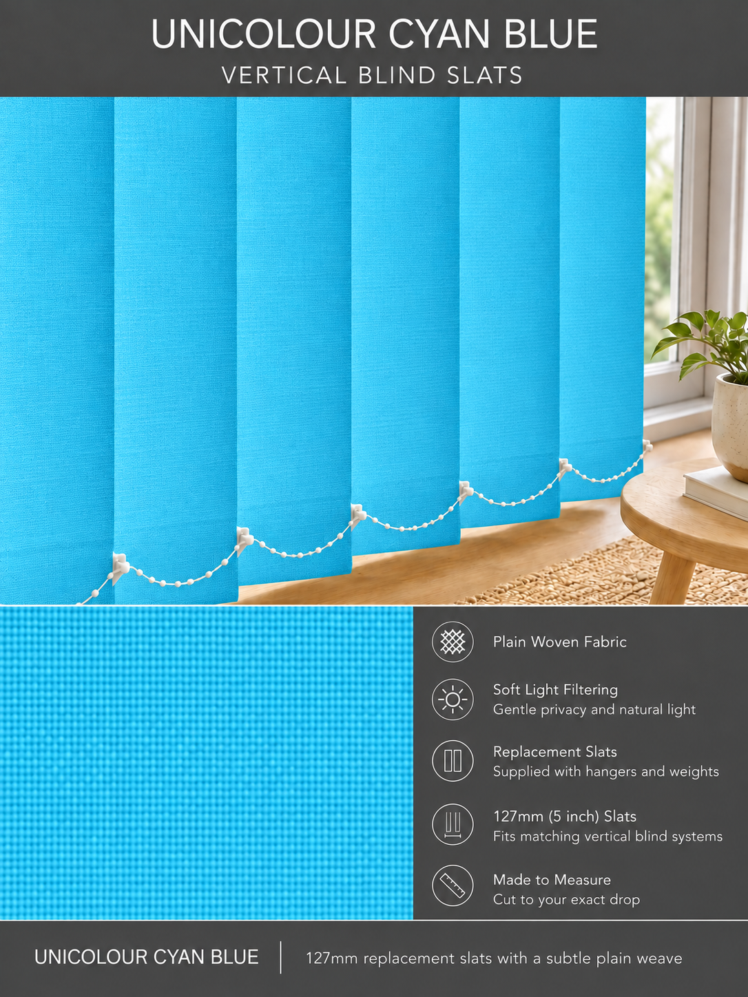 Unicolour Cyan Blue vertical blind slats (127mm)