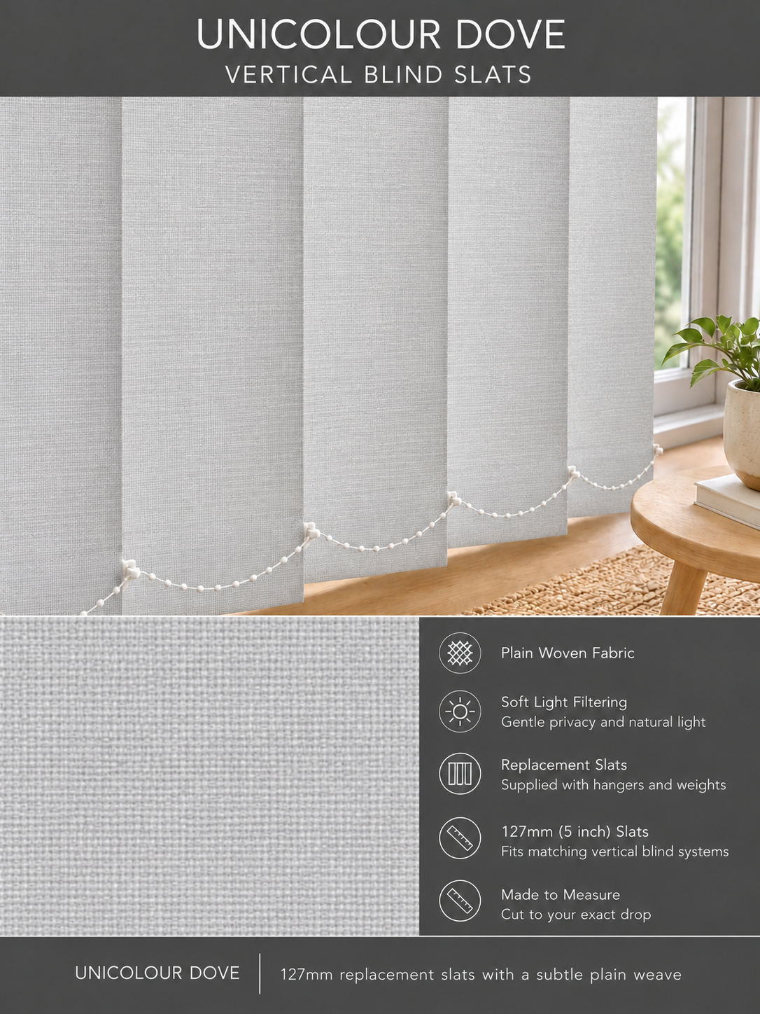 Unicolour Dove vertical blind slats (127mm)