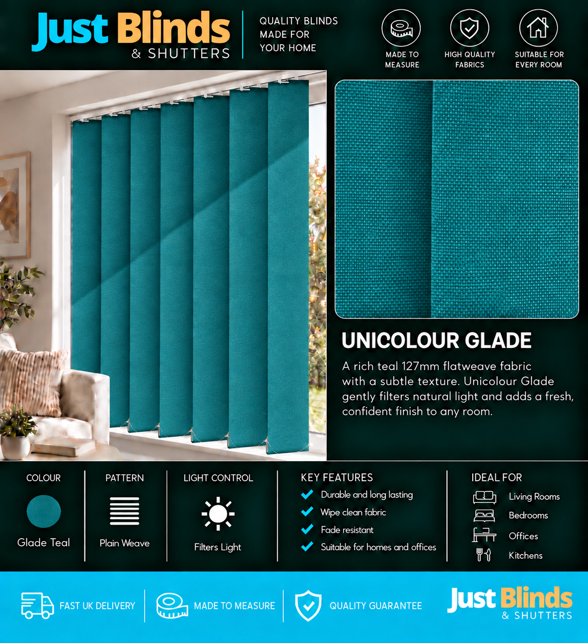 Unicolour Glade Vertical Blind Slats 127mm