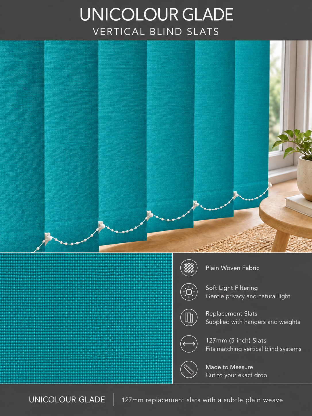Unicolour Glade vertical blind slats (127mm)