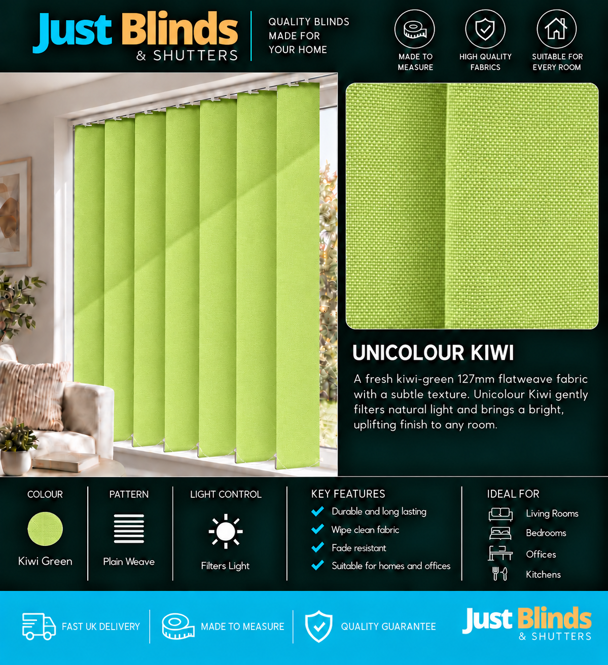 Unicolour Kiwi Vertical Blind Slats 127mm