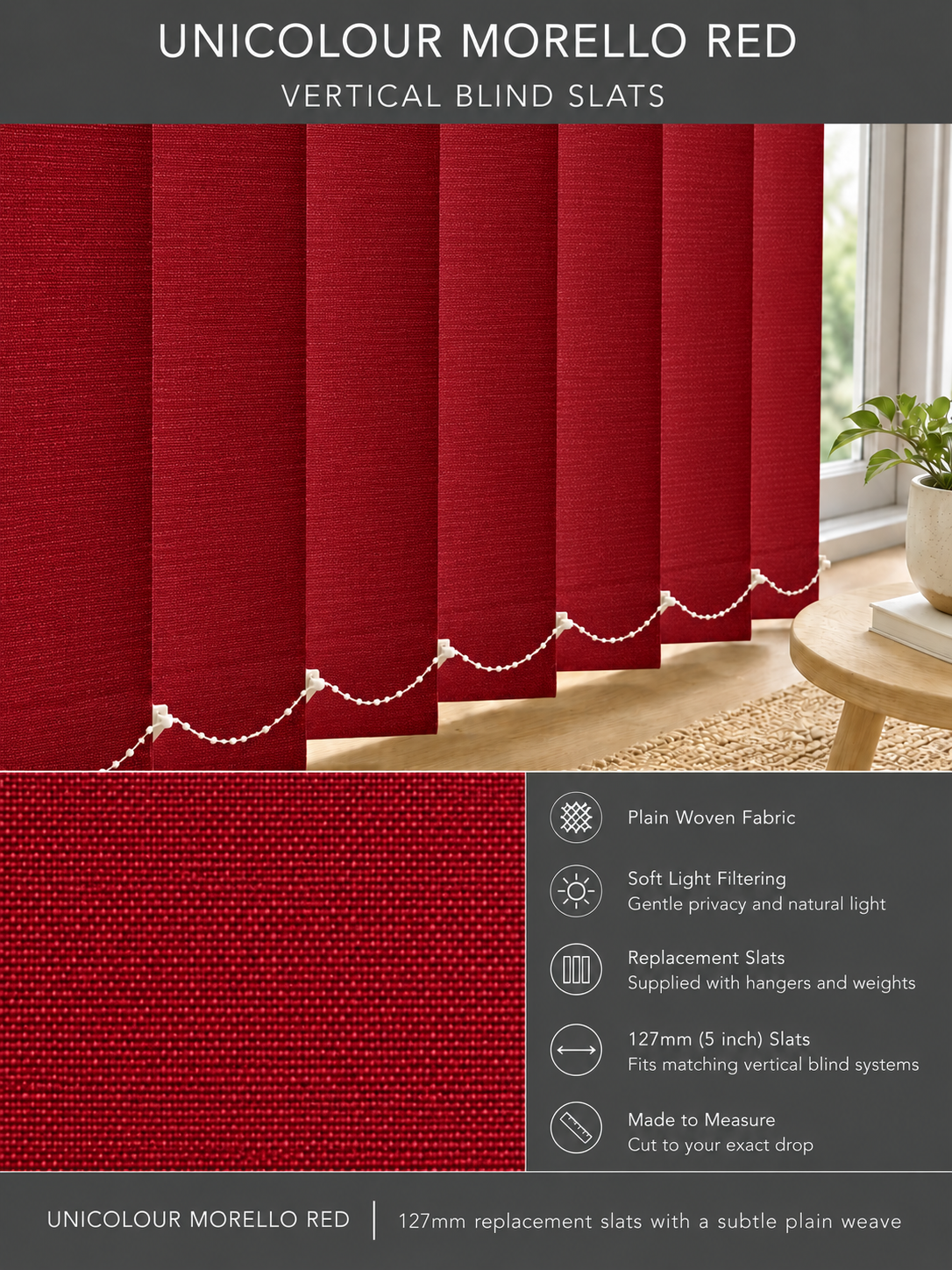 Unicolour Morello Red vertical blind slats (127mm)