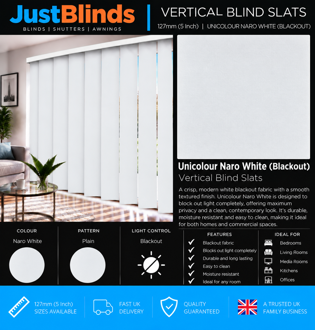 Unicolour Naro White Blackout Vertical Blind Slats 127mm - Senna Version 2