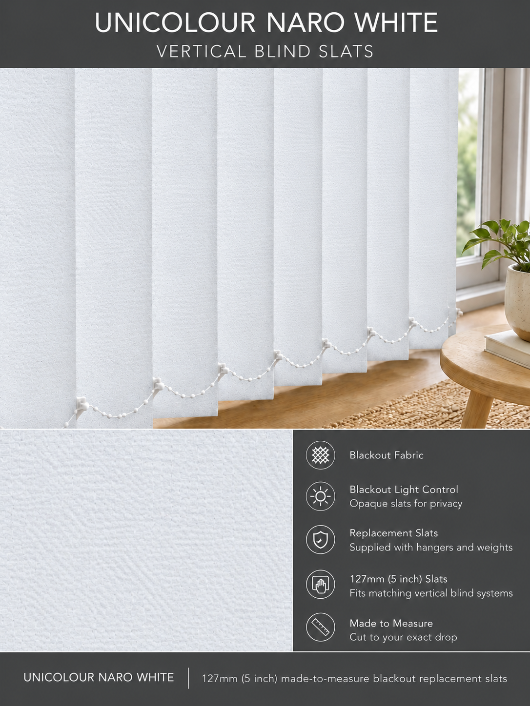 Unicolour Naro White blackout vertical blind slats (127mm)