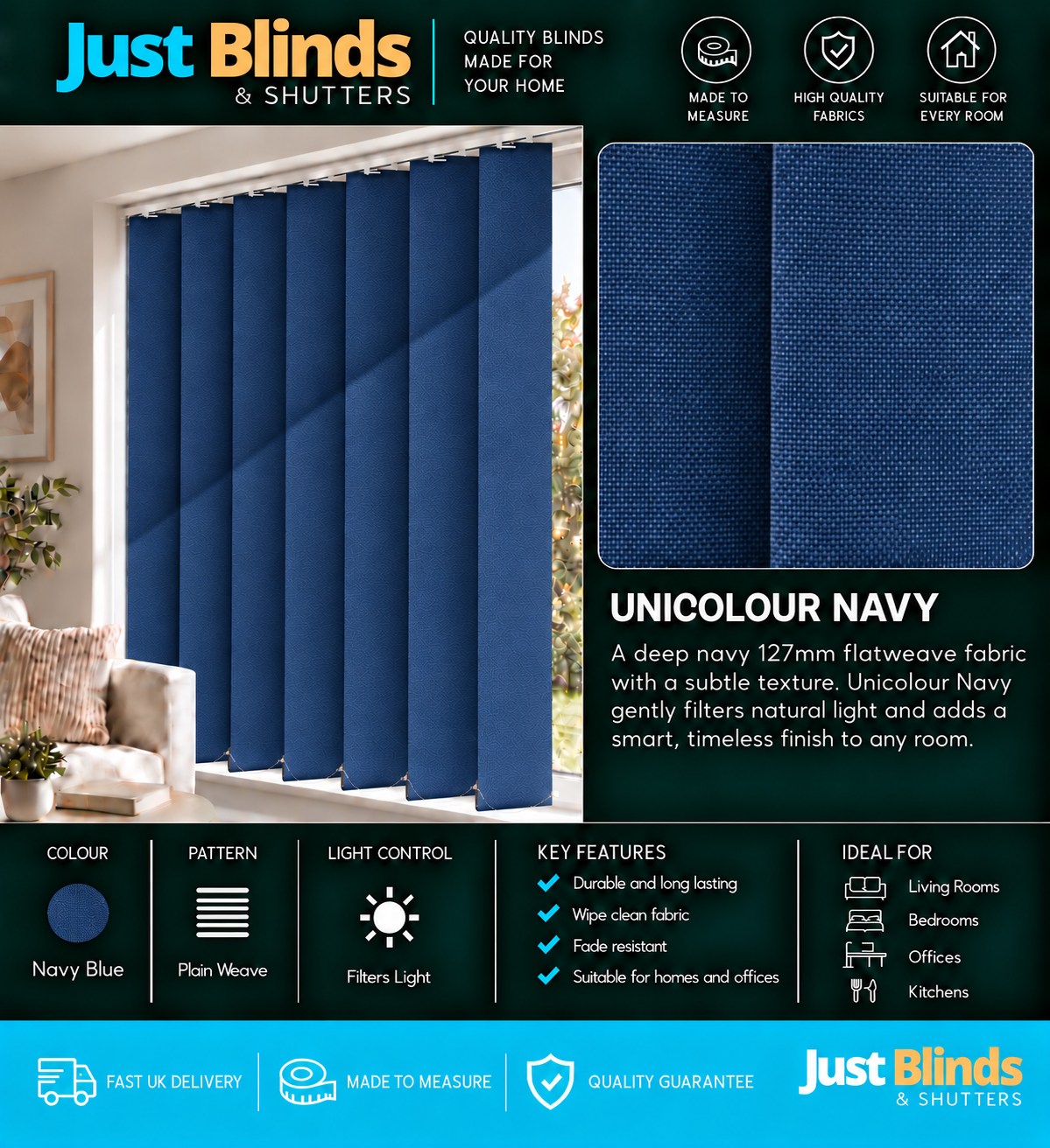 Unicolour Navy Vertical Blind Slats 127mm