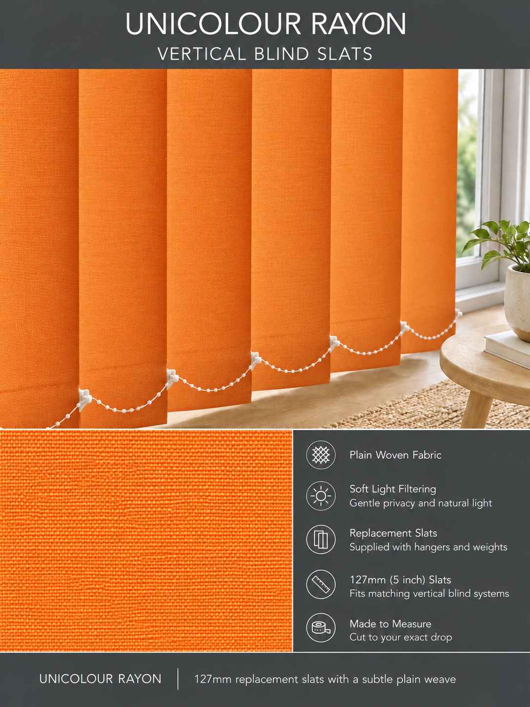 Unicolour Rayon vertical blind slats (127mm)