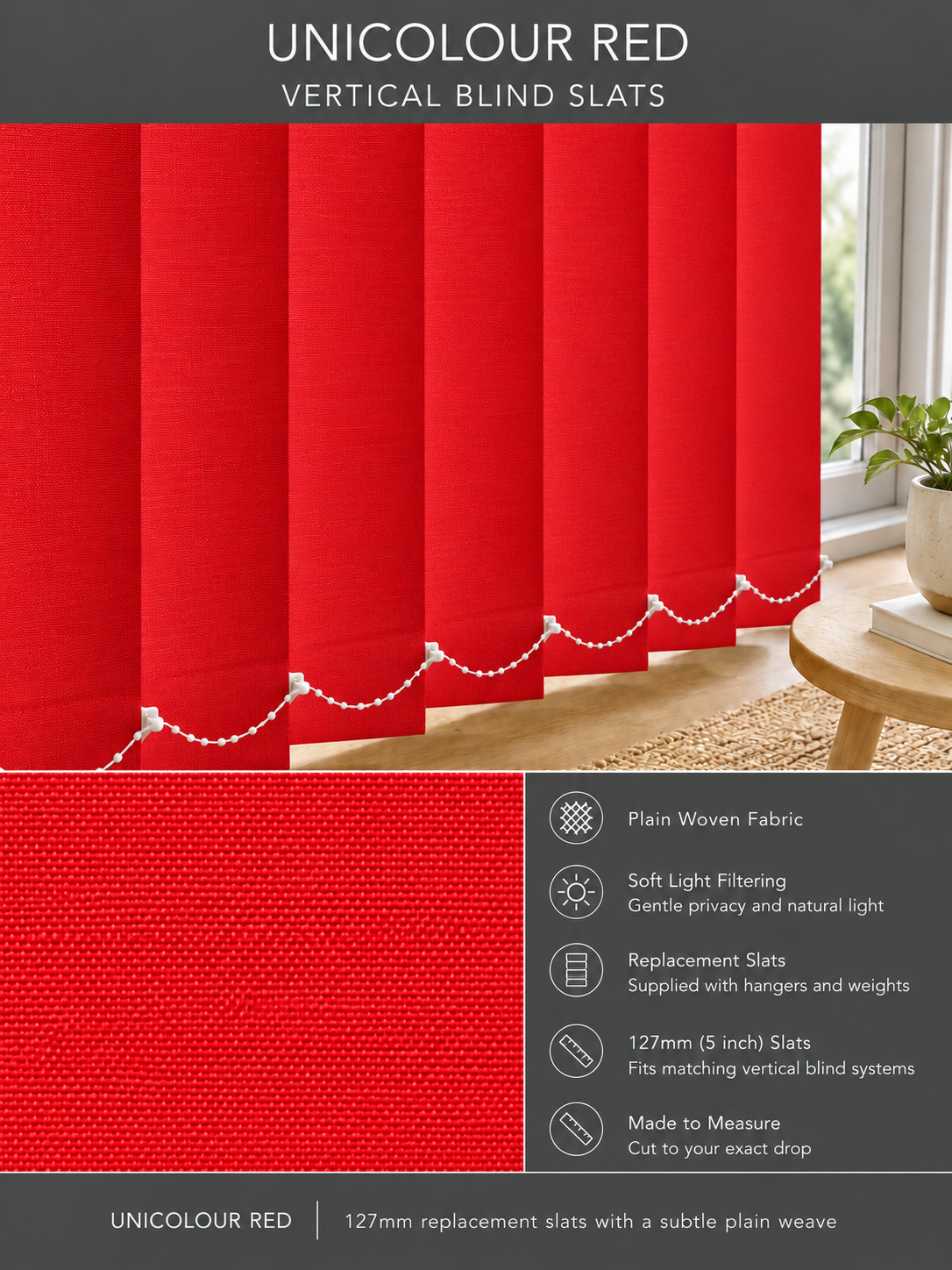 Unicolour Red vertical blind slats (127mm)