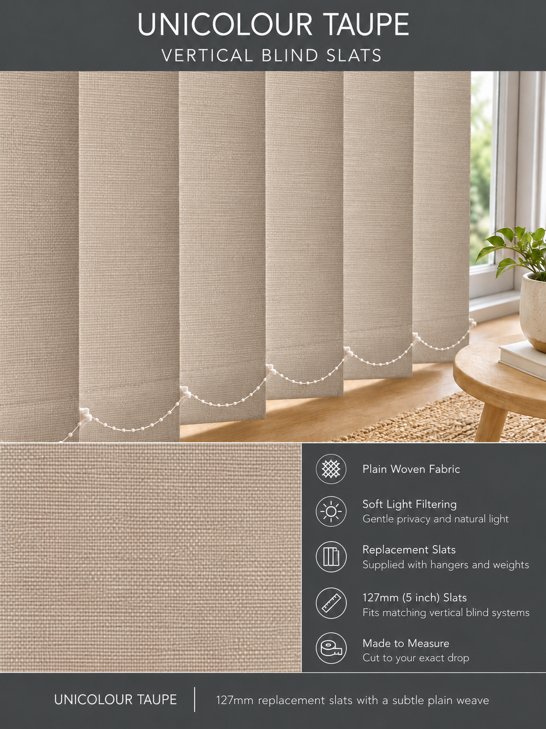 Unicolour Taupe vertical blind slats (127mm)