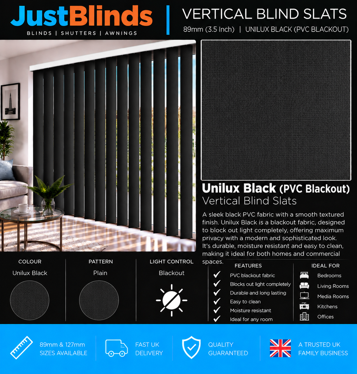 Unilux Black PVC Blackout Vertical Blind Slats 89mm - Senna Version 2