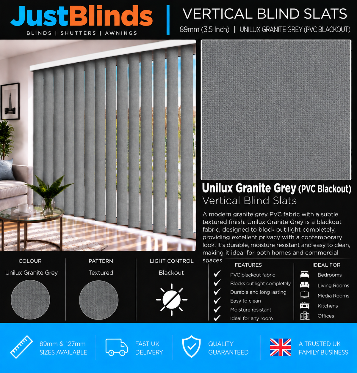 Unilux Granite Grey PVC Blackout Vertical Blind Slats 89mm - Senna Version 2