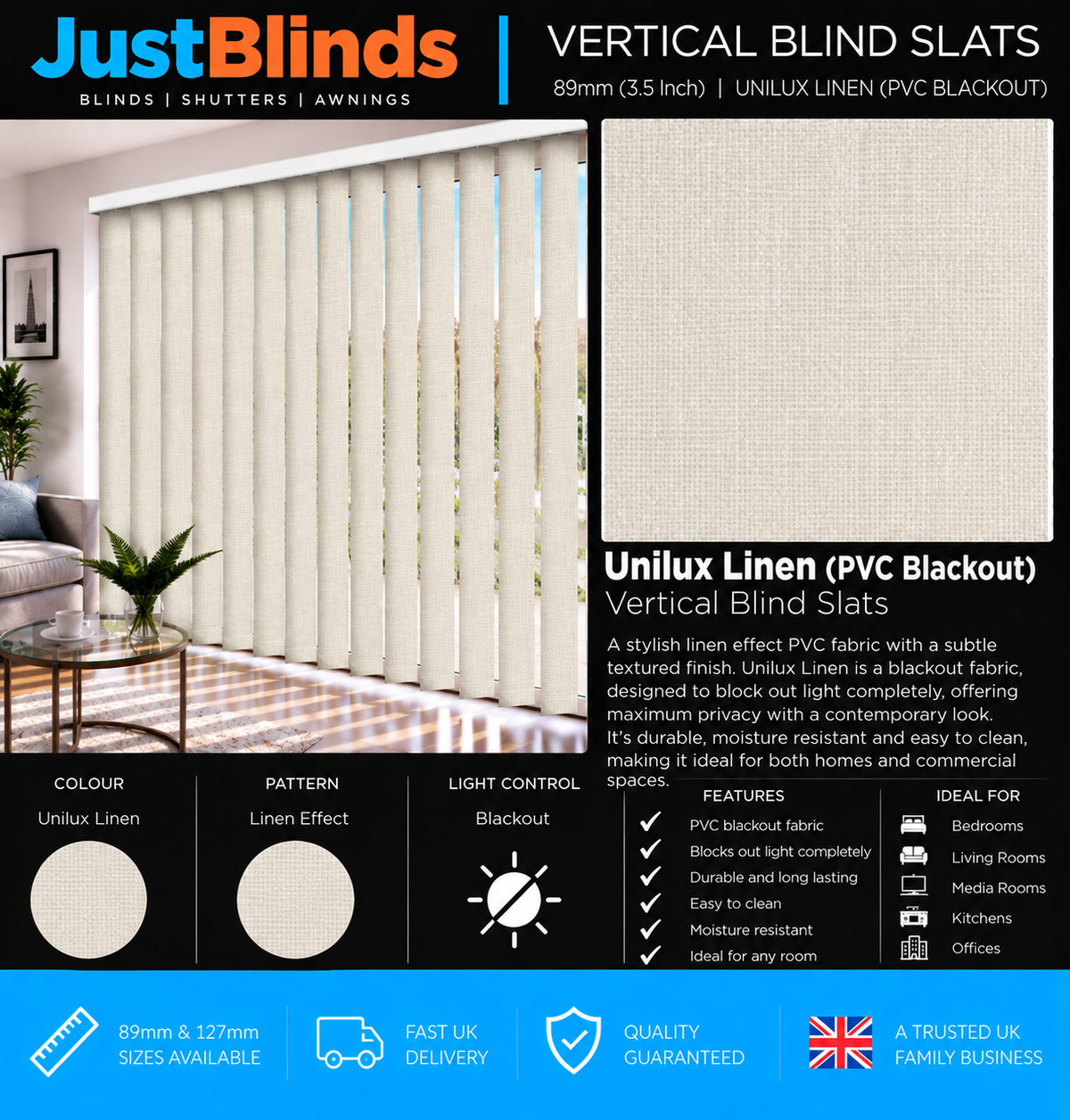 Unilux Linen PVC Blackout Vertical Blind Slats 89mm - Senna Version 2