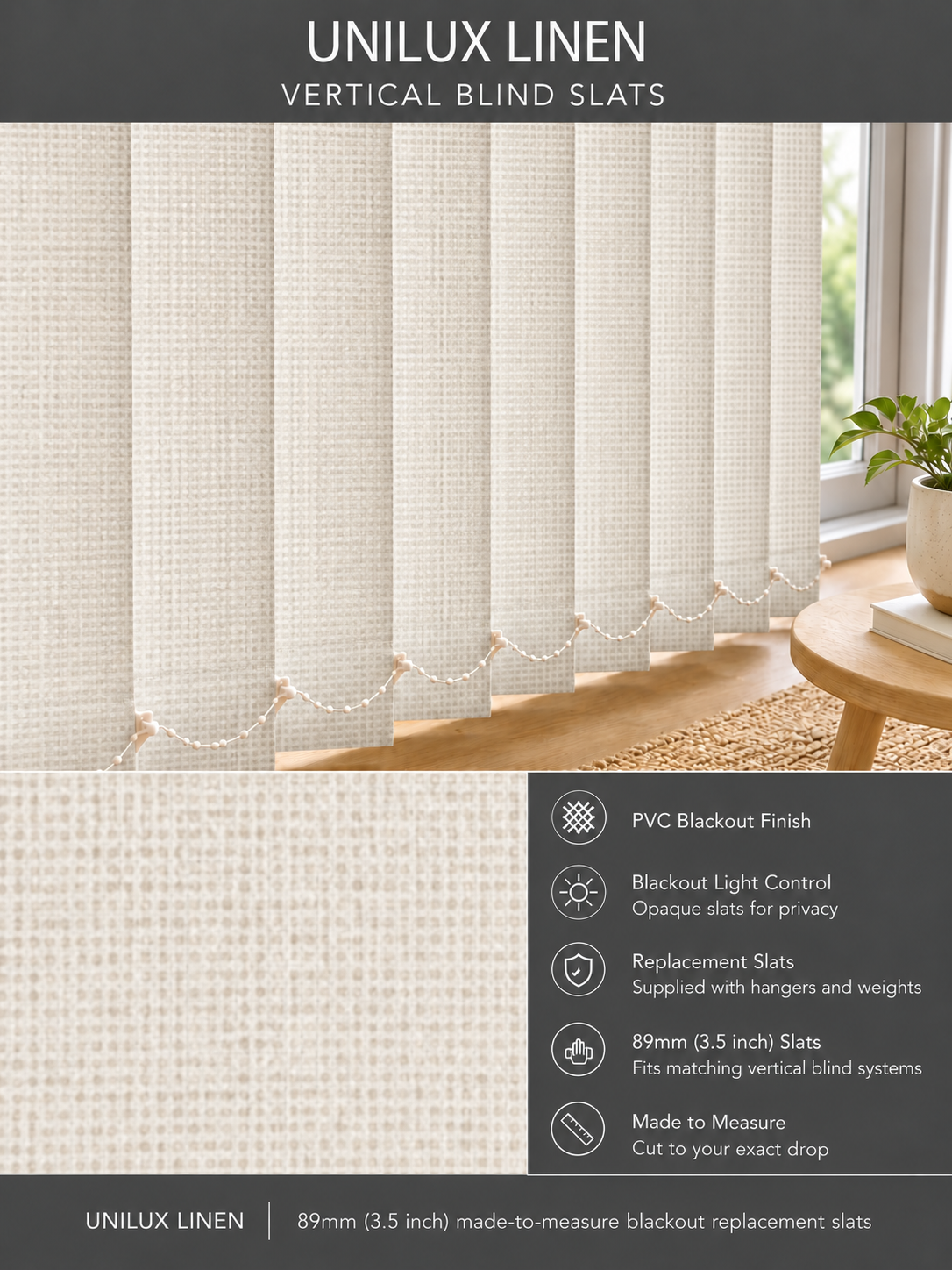 Unilux Linen PVC Blackout Vertical Blind Slats — Fitz master template