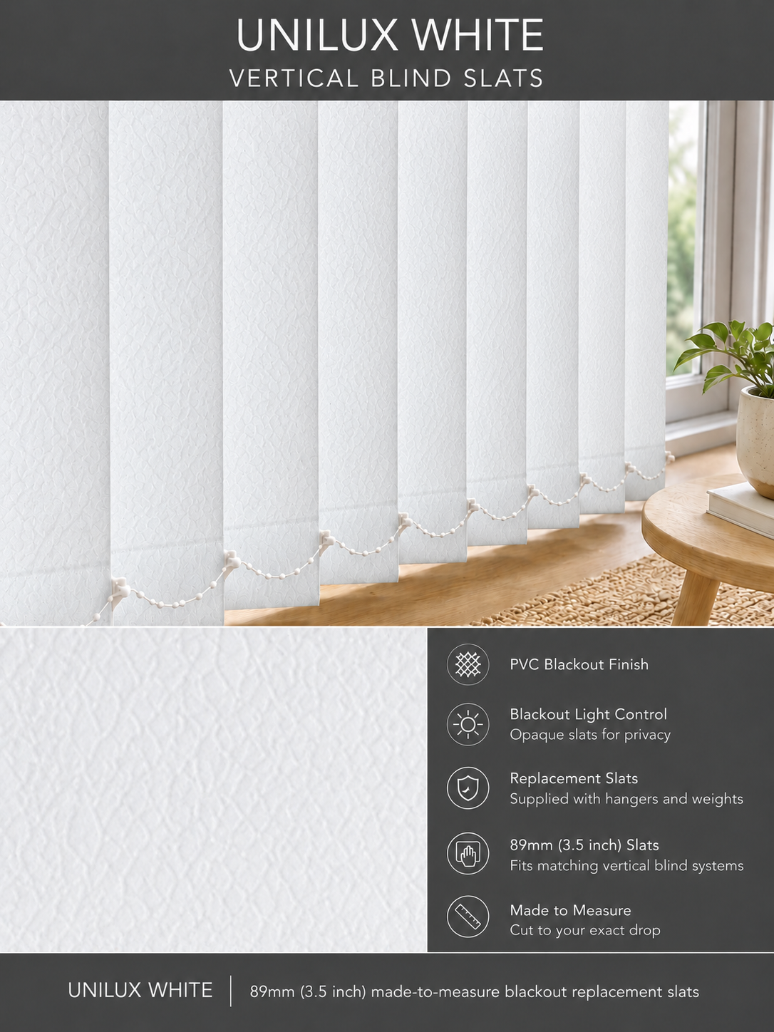 Unilux White PVC Blackout Vertical Blind Slats — Fitz master template
