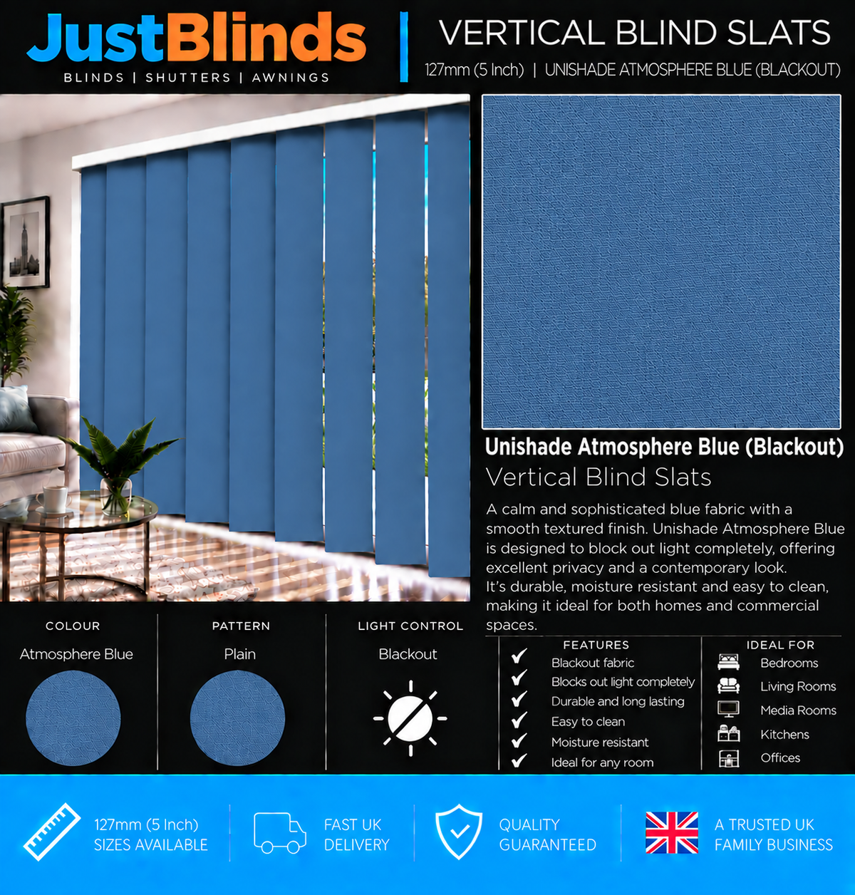 Unishade Atmosphere Blue Blackout Vertical Blind Slats 127mm - Senna Version 2
