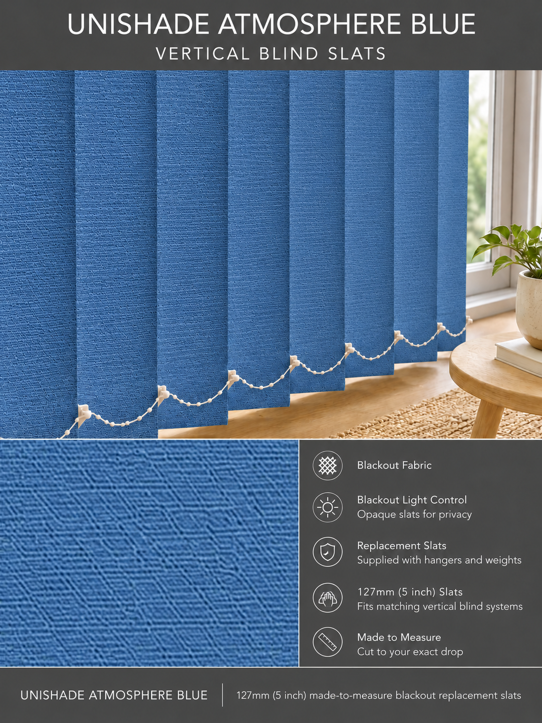 Unishade Atmosphere Blue blackout vertical blind slats (127mm)