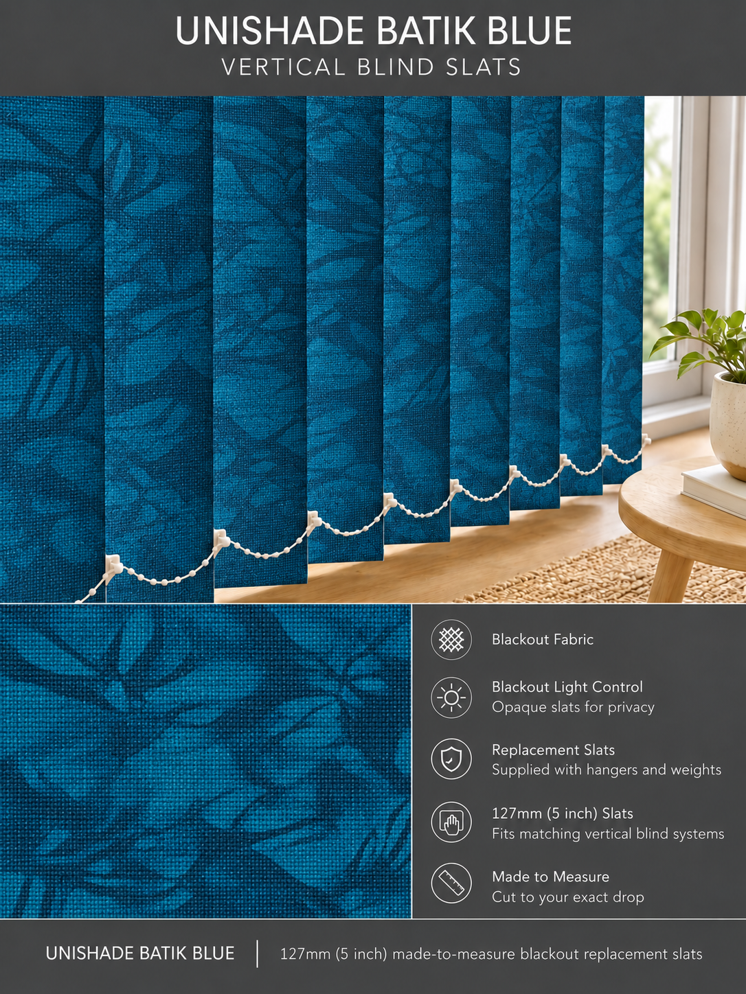 Unishade Batik Blue blackout vertical blind slats (127mm)