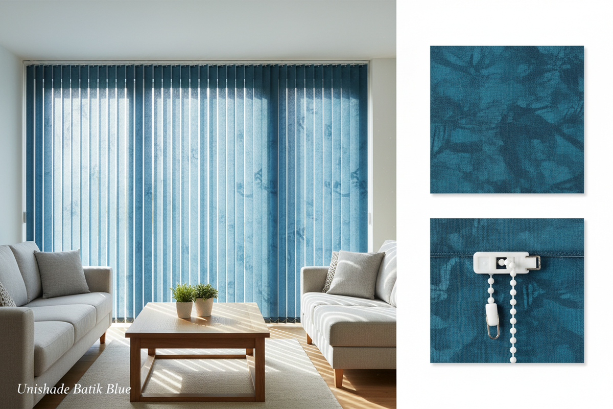 Unishade Batik Blue Blackout Vertical Blind Slats (127mm)