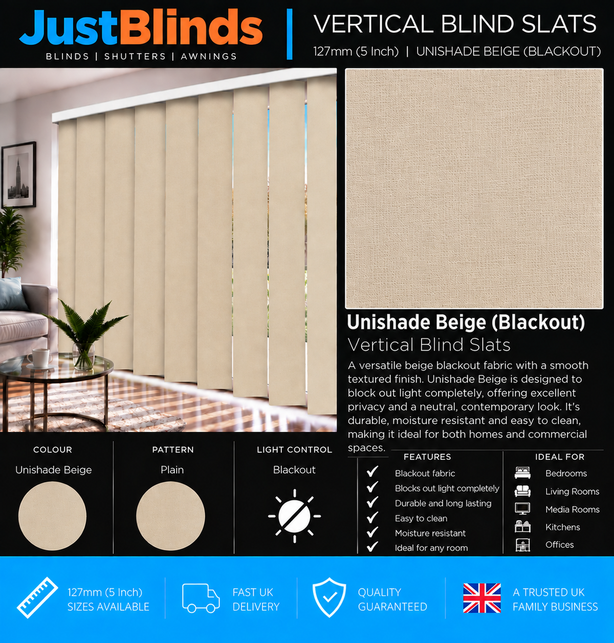 Unishade Beige Blackout Vertical Blind Slats 127mm - Senna Version 2
