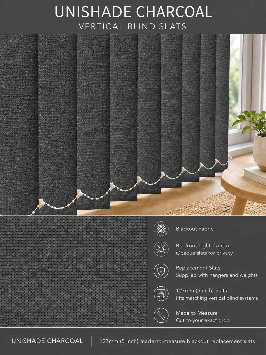 Unishade Charcoal blackout vertical blind slats (127mm)