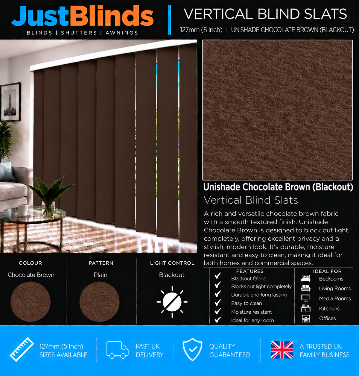 Unishade Chocolate Brown Blackout Vertical Blind Slats 127mm - Senna Version 2