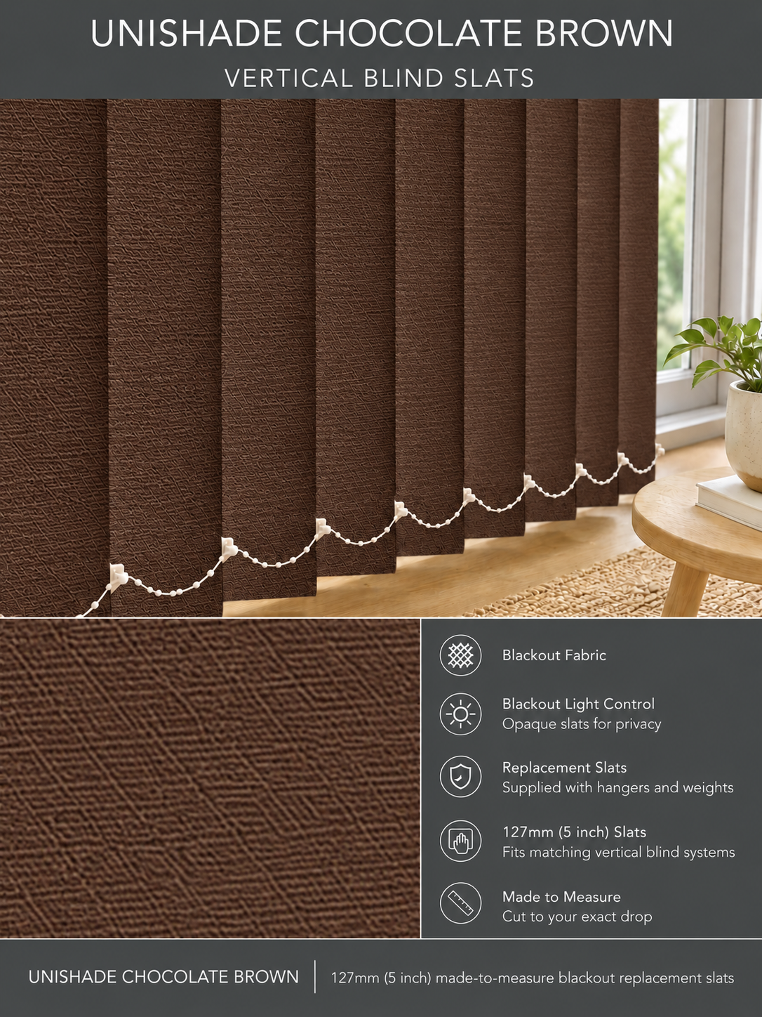 Unishade Chocolate Brown blackout vertical blind slats (127mm)