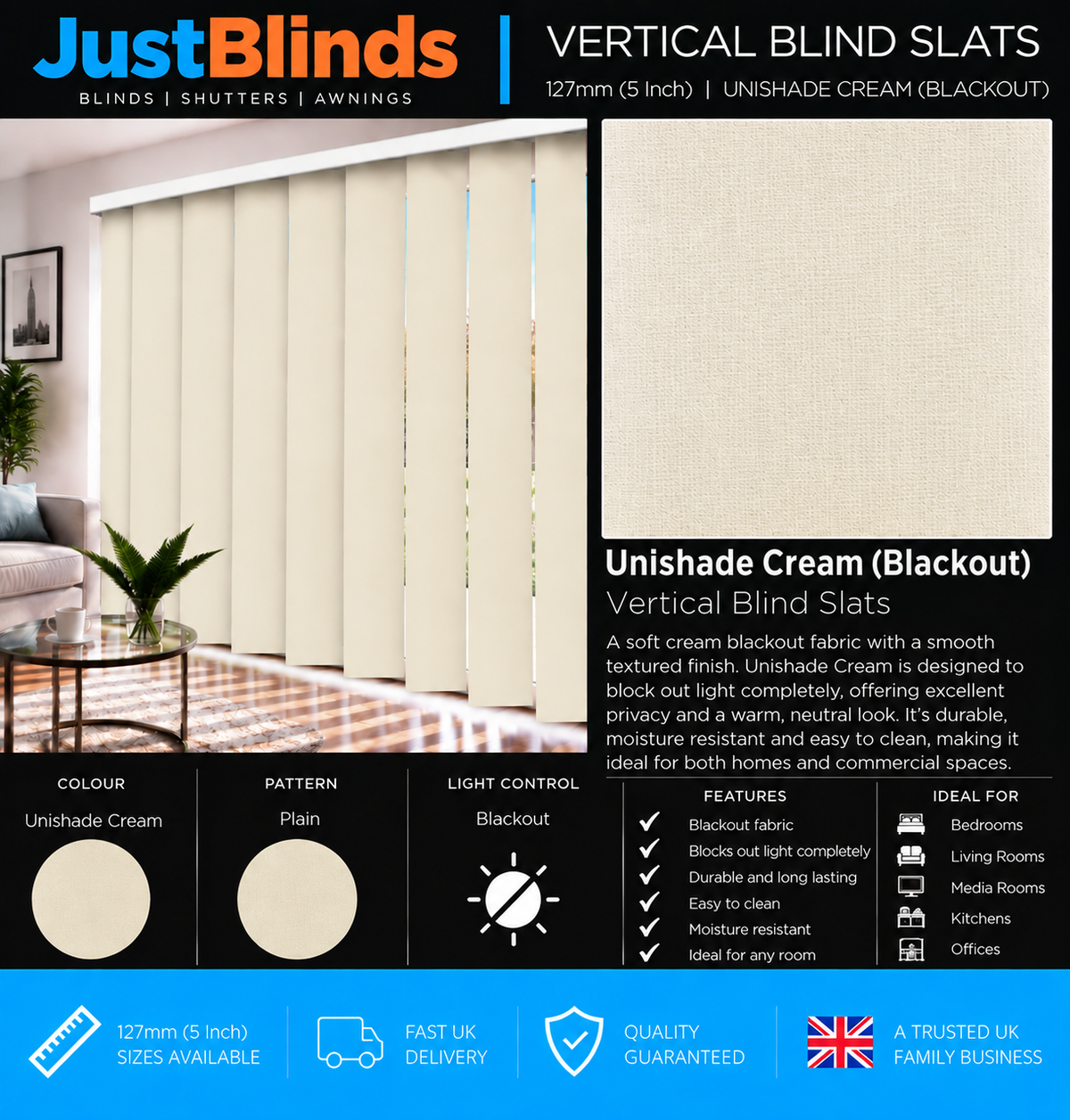 Unishade Cream Blackout Vertical Blind Slats 127mm - Senna Version 2