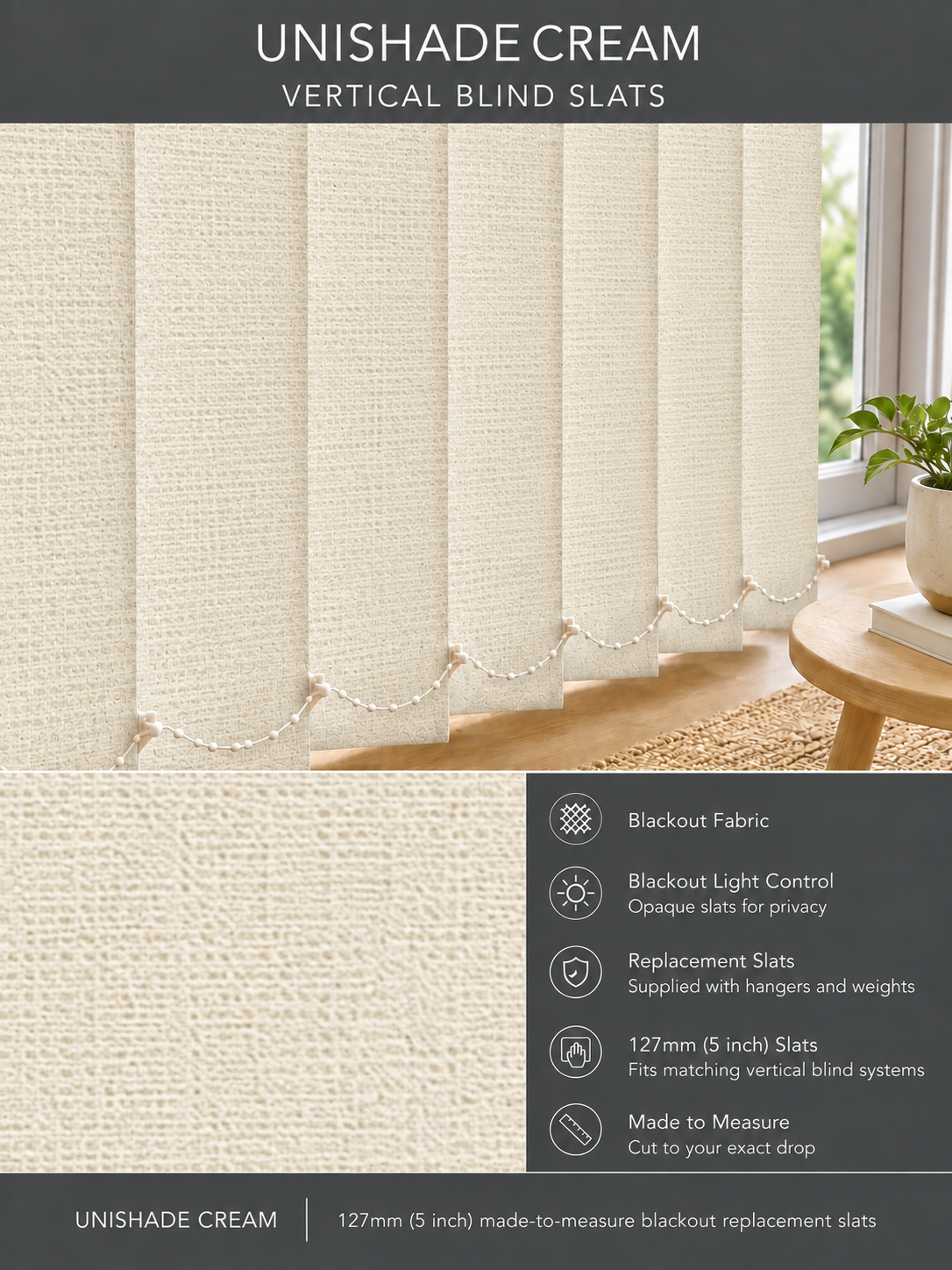 Unishade Cream blackout vertical blind slats (127mm)