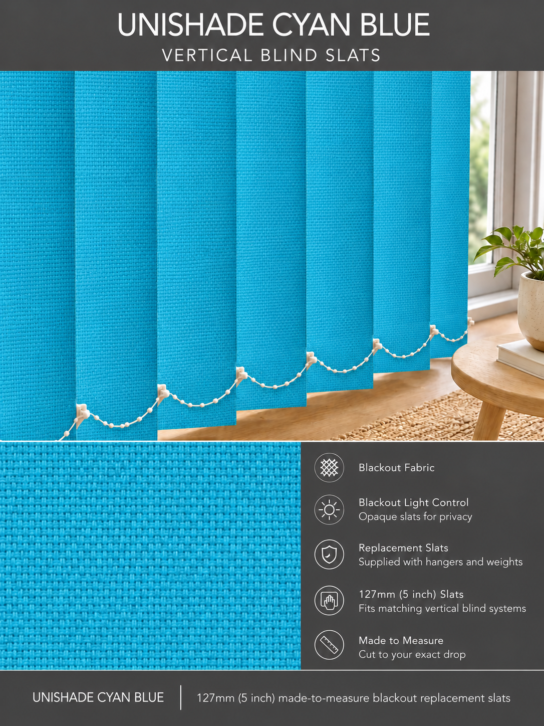 Unishade Cyan Blue blackout vertical blind slats (127mm)