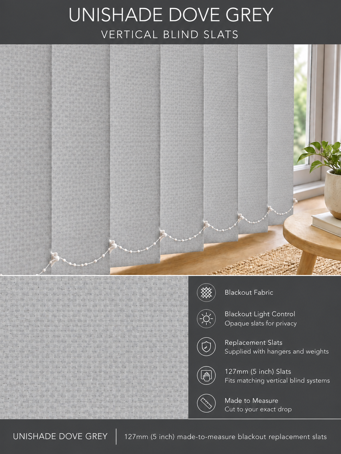 Unishade Dove Grey blackout vertical blind slats (127mm)