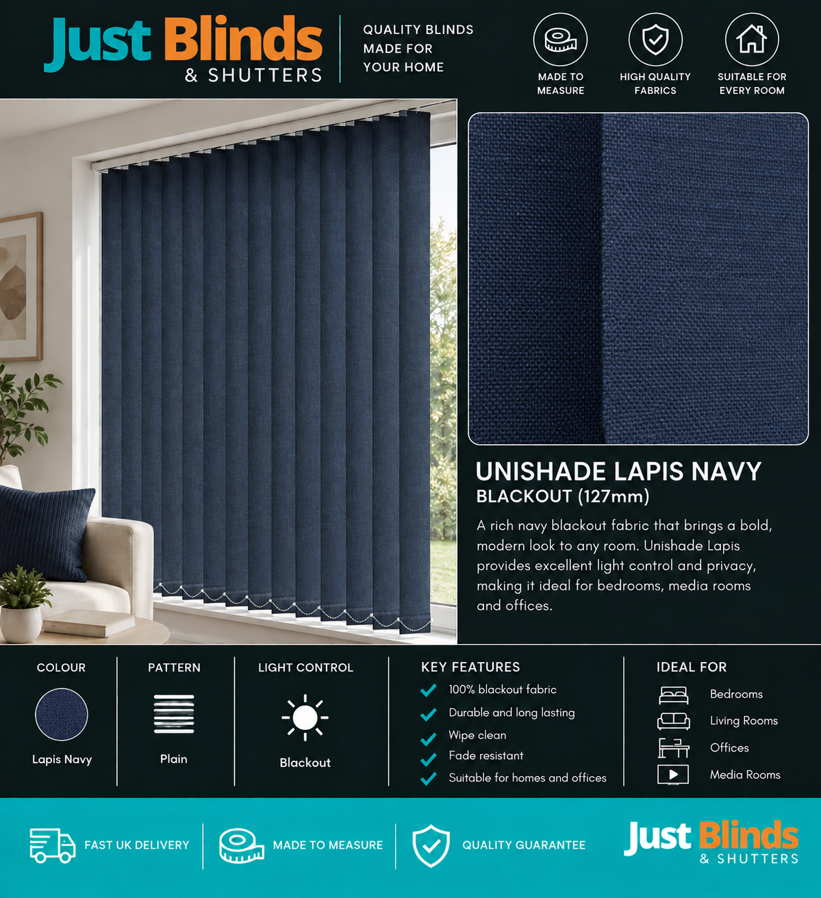 Unishade Lapis Navy Blue Blackout Vertical Blind Slats 127mm