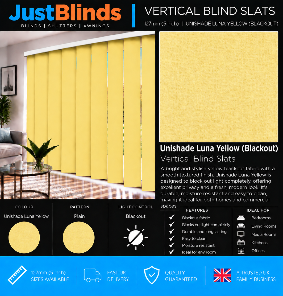 Unishade Luna Yellow Blackout Vertical Blind Slats 127mm - Senna Version 2