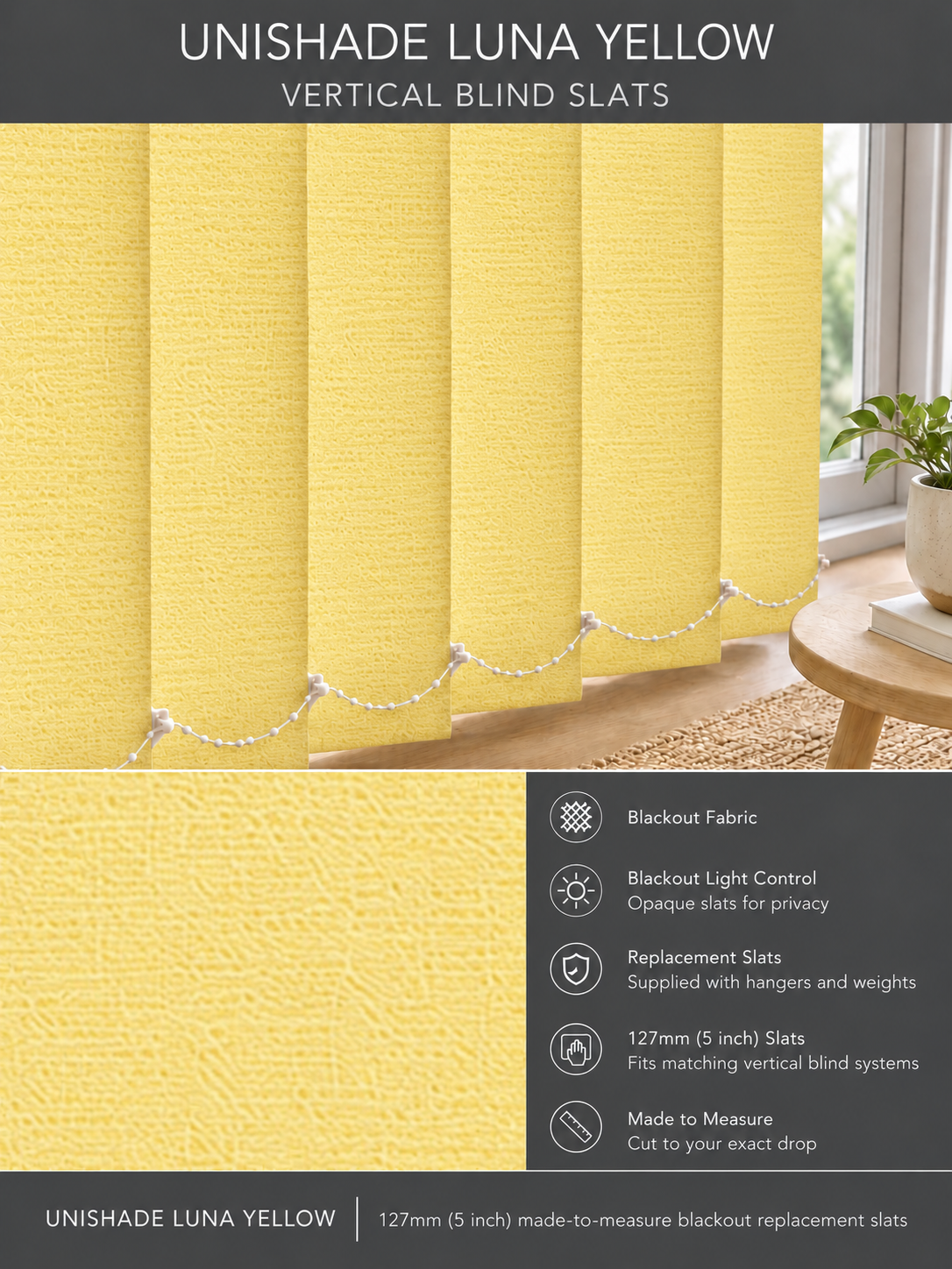 Unishade Luna Yellow blackout vertical blind slats (127mm)