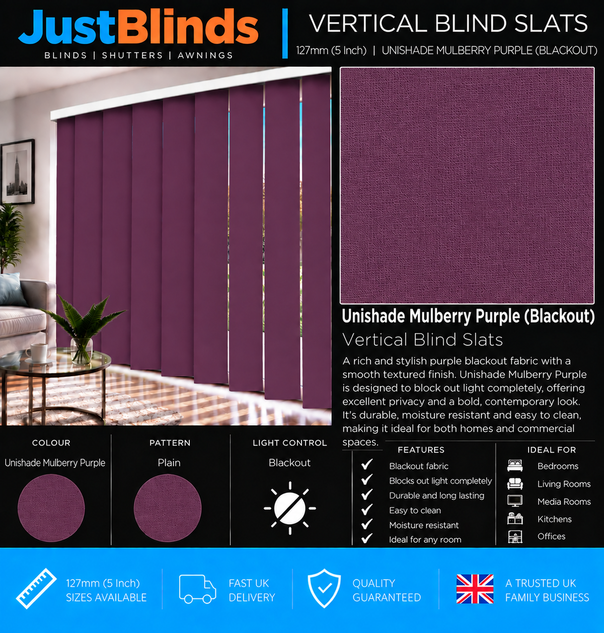 Unishade Mulberry Purple Blackout Vertical Blind Slats 127mm - Senna Version 2