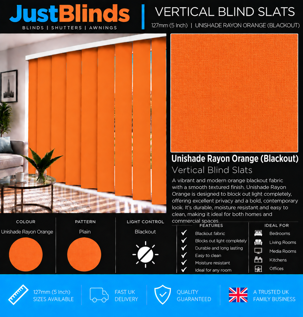 Unishade Rayon Orange Blackout Vertical Blind Slats 127mm - Senna Version 2