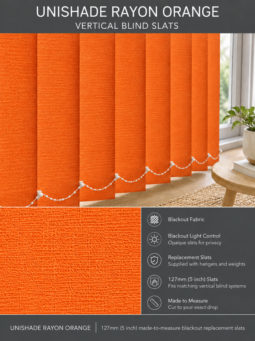 Unishade Rayon Orange blackout vertical blind slats (127mm)