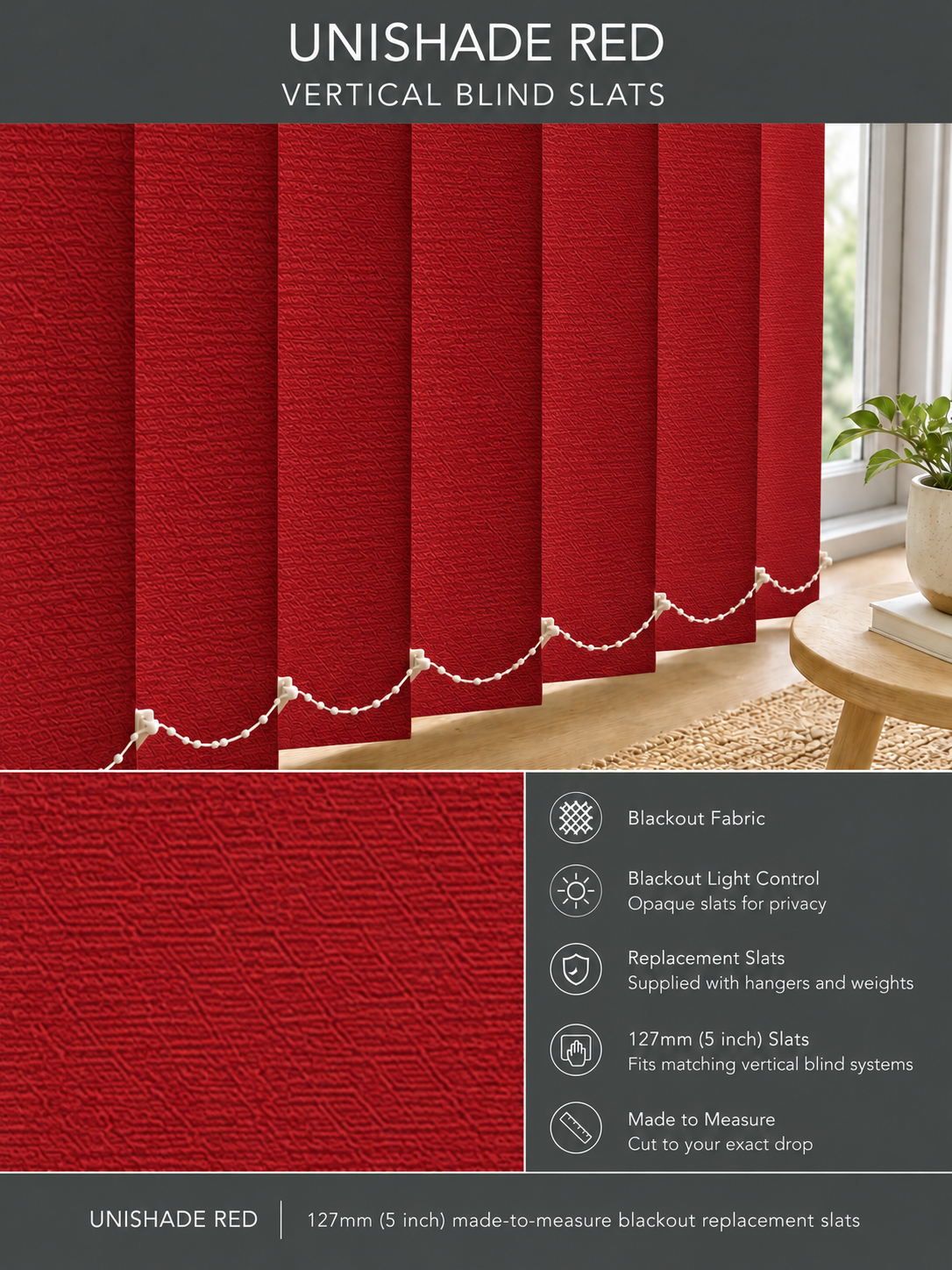 Unishade Red blackout vertical blind slats (127mm)