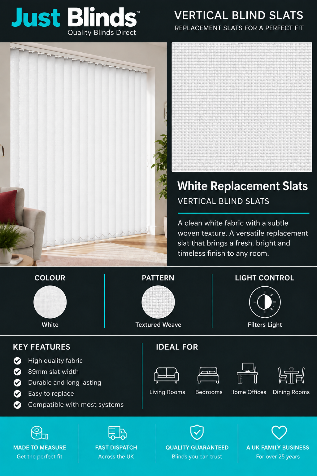 White Replacement Vertical Blind Slats 89mm